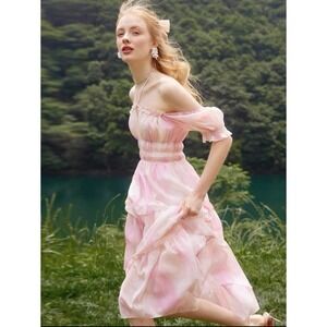 New Tie Dye Halter Neck Puff Sleeve Ruffle Hem Dress